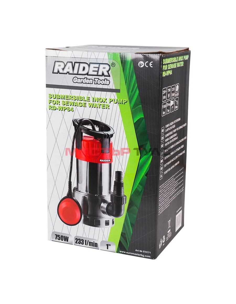 Потопяема помпа Raider RD-WP64 INOX, мръсна вода, 750 W, 13980 l/h