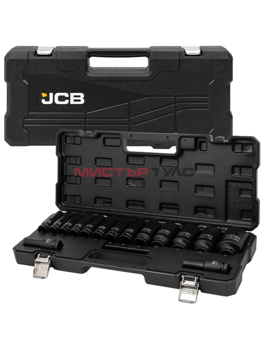 КОМПЛЕКТ ДЪЛБОКИ УДАРНИ ВЛОЖКИ 12-СТЕННИ 1/2″ (10 – 36 мм) 15 ЧАСТИ JCB
